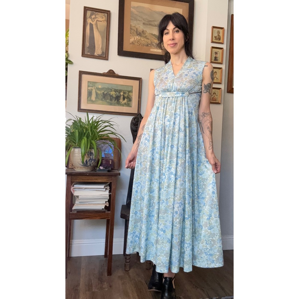 Vintage 70s Handmade Maxi Dress Blue Green Floral Ditsy Print Sleeveless Gown
